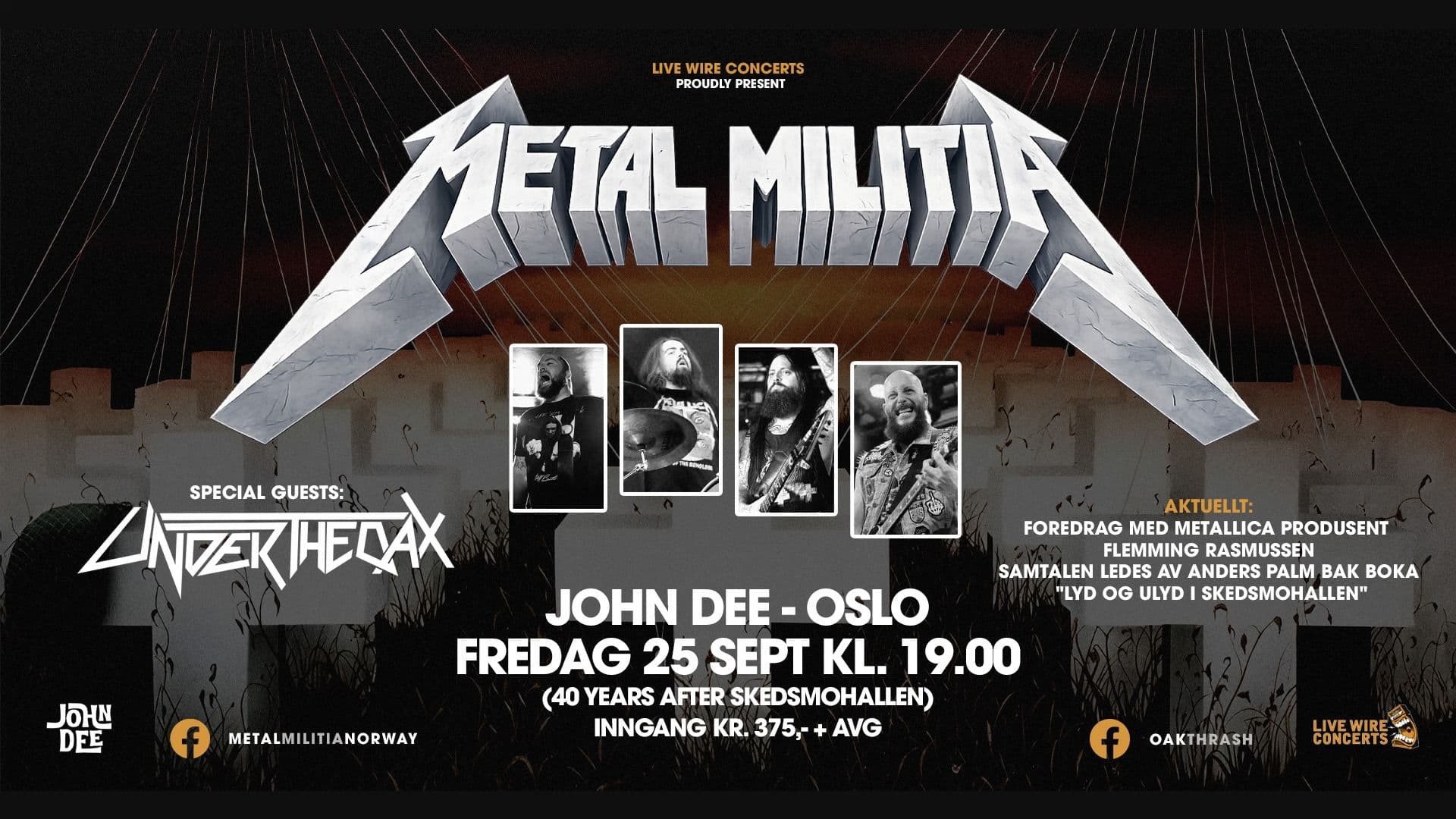 Promotional graphic for Metal Militia + Under The Oak + Flemming Rasmussen